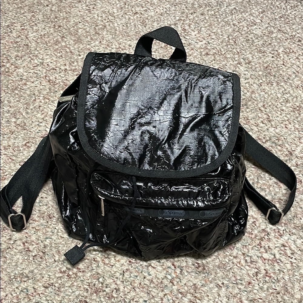 Le sportsac black patent shiny Backpack with adjustable canvas strap